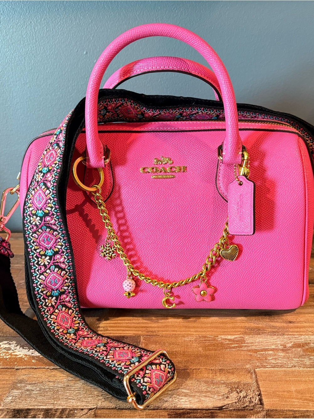 Coach medium Rowan Petunia/Pink Satchel with Embroidered strap